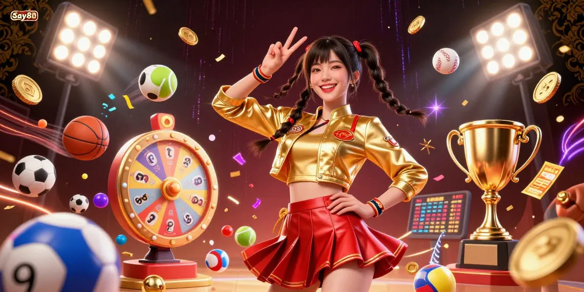 Experience the energy of Say88 as a stylish Asian woman celebrates with a vibrant casino scene filled with games and prizes.