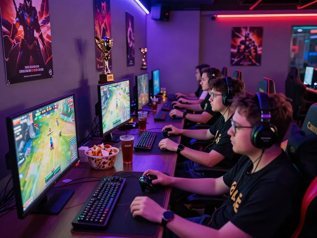 rokok88 gaming community scene with players in a vibrant lounge during an exciting tournament