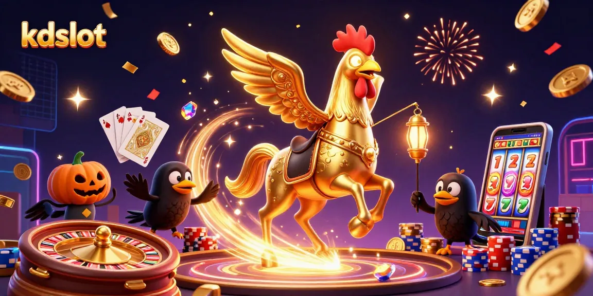 KDSlot energetic gaming scene featuring a golden rooster and treasures flying in a festive casino atmosphere.