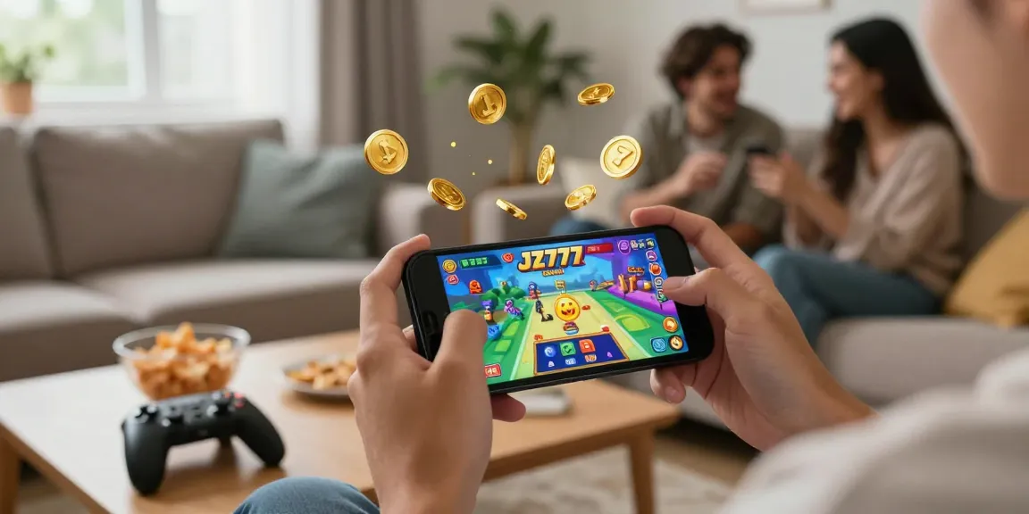 Experience excitement with jz 777 game on a smartphone in a cozy gaming setup, vibrant graphics and casual atmosphere.