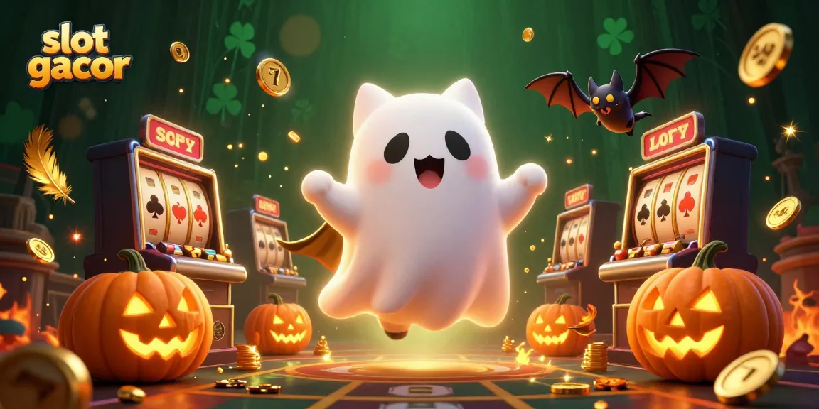 Engage with slot gacor reels amidst a playful ghost cat and vampire bat in a rich casino scene.