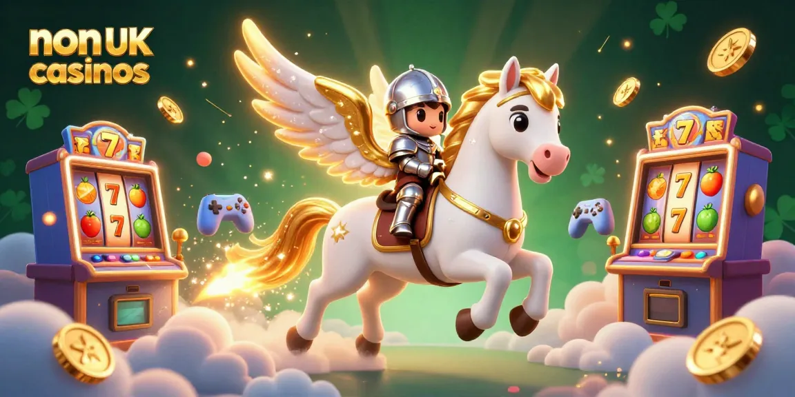 Engage with non UK casinos in a vibrant 3D casino-themed illustration featuring celestial characters and slot machines.