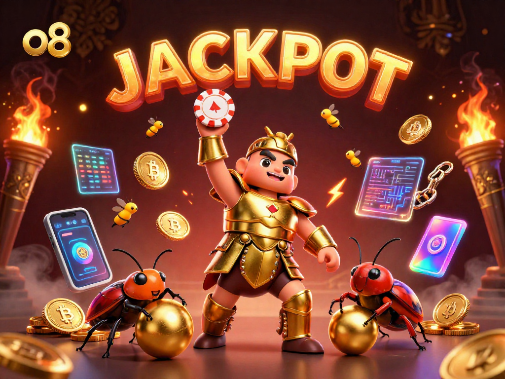Experience thrilling gaming at o8 with a victorious beetle and glowing crypto elements!