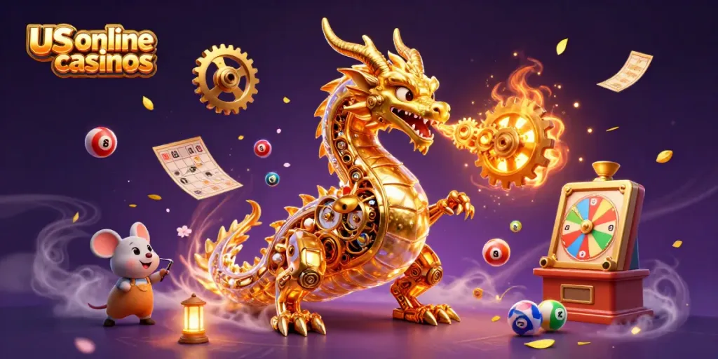 Engaging scene showcasing us online casinos with cartoon dragon, lottery balls, and bingo elements.
