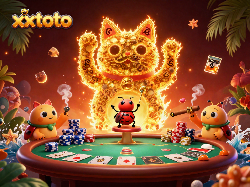 Mainkan xxtoto dengan keberuntungan dan simbol kasino yang ceria dalam ilustrasi 3D yang meriah.