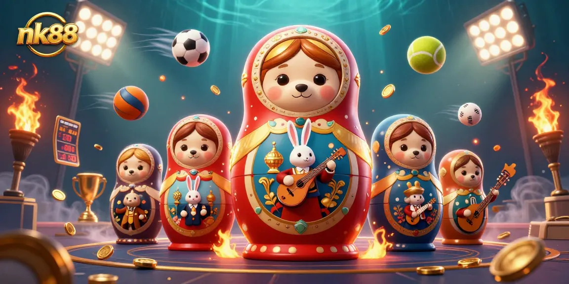 Experience nk88 with a rich 3D casino illustration featuring dynamic elements and lively characters.