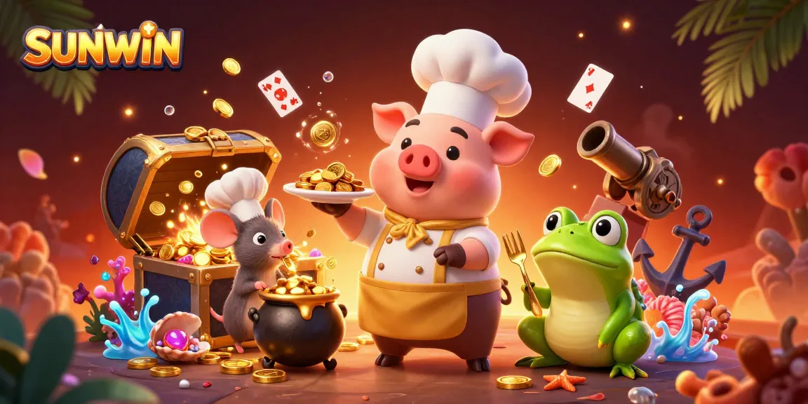 SUNWIN showcases a vibrant casino scene with a chef pig serving gold coins, surrounded by treasure and playful characters.