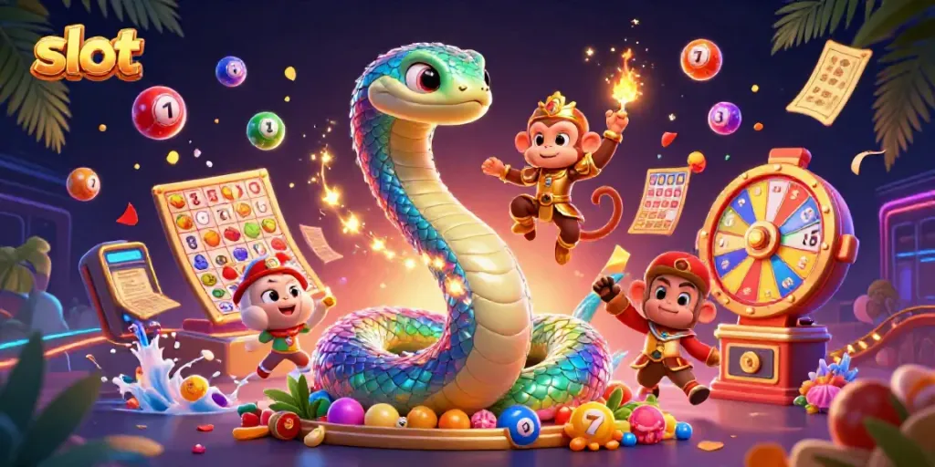 Experience thrilling slot action with a vibrant 3D illustration featuring lively characters and colorful casino elements.