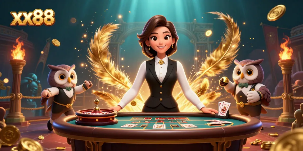 Experience exciting gameplay at xx88 with an elegant dealer and an owl assistant in a vibrant casino scene.