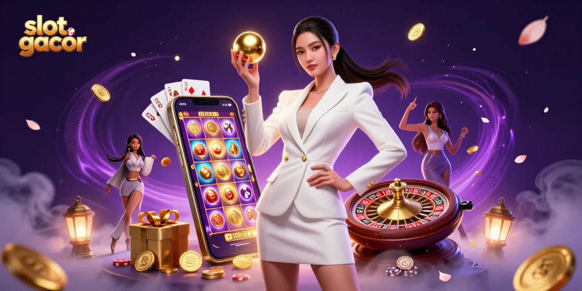 Engage with slot gacor visuals featuring a confident Asian woman holding a roulette ball, surrounded by vibrant gaming elements.