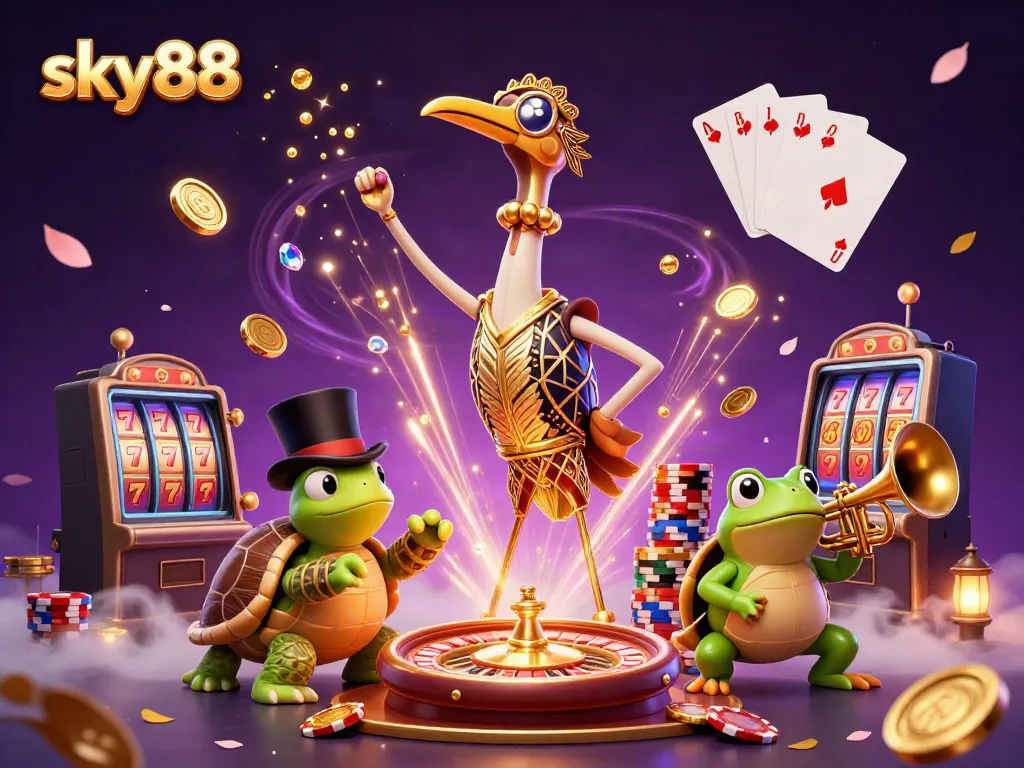 Experience thrilling gaming action at sky88 with dynamic casino elements and colorful characters.