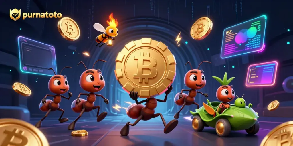 Menangkan jackpot di purnatoto dengan tim semut 3D membawa chip poker raksasa.