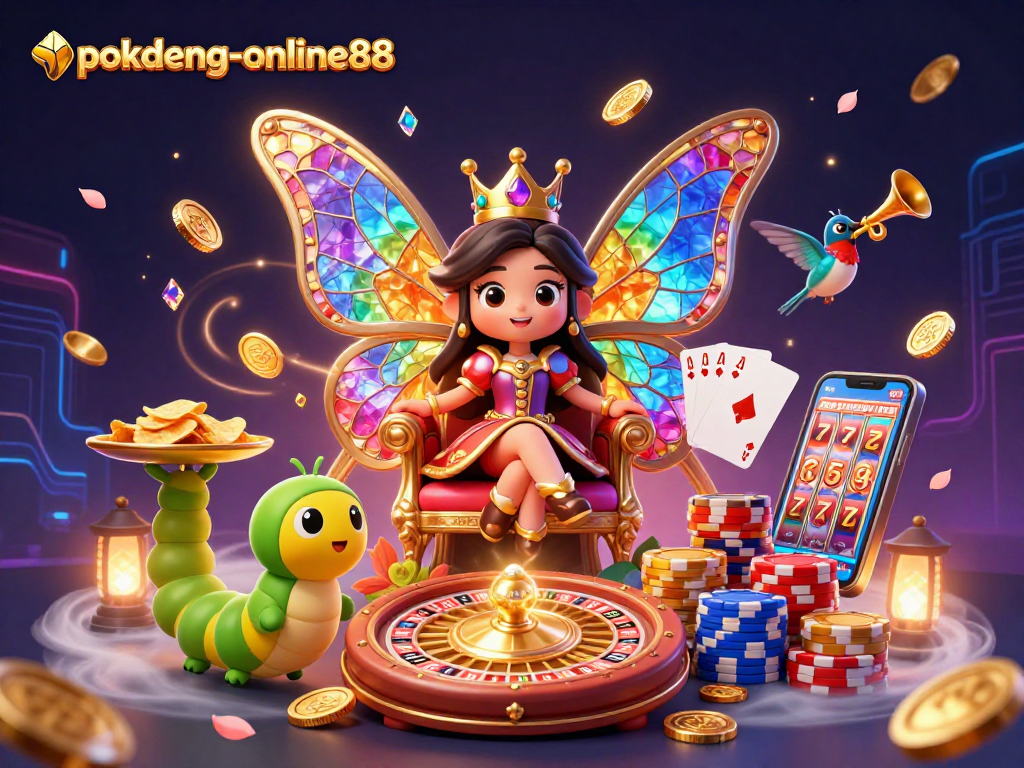 Engage with pokdeng-online88 in a vibrant, animated casino scene featuring a queen with stained-glass wings.