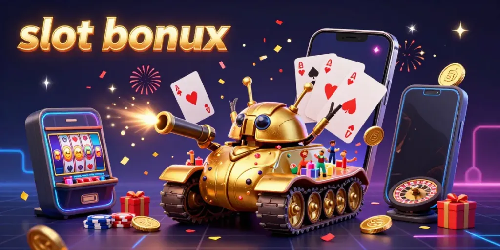 Engage with slot bonus excitement as a golden beetle tank reveals a mini casino filled with vibrant gaming elements.