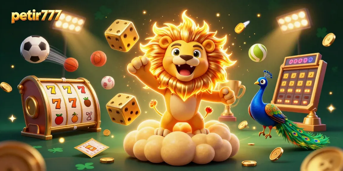 Experience thrilling wins with petir777 as the sun lion and golden dice celebrate on a casino-themed platform.