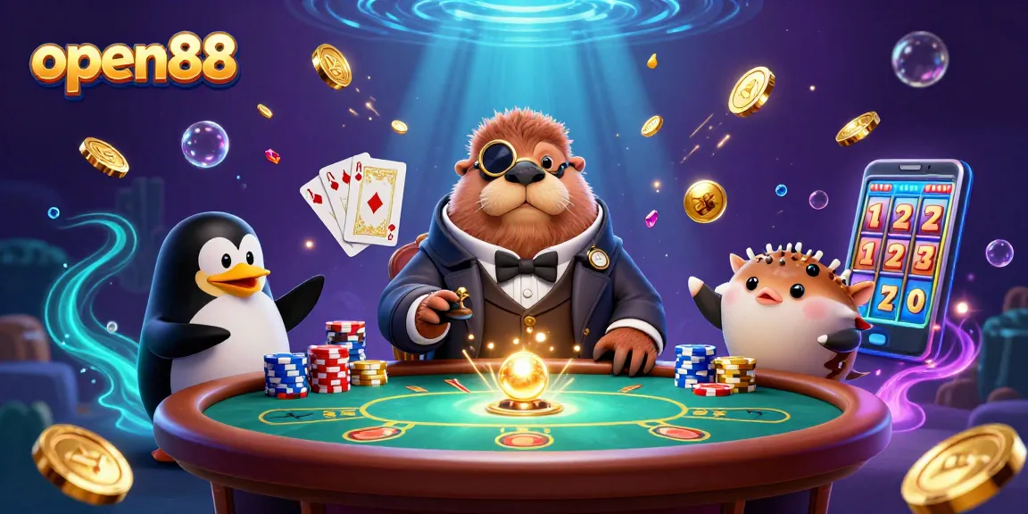 Experience open88's vibrant underwater casino scene with a walrus, dealer penguin, and bluffing pufferfish.