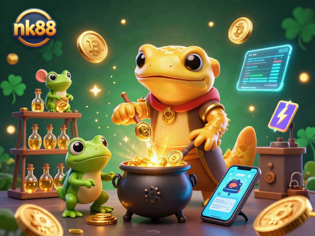 Engage with nk88 in this vibrant scene of gold transmutation featuring crypto and casino elements.