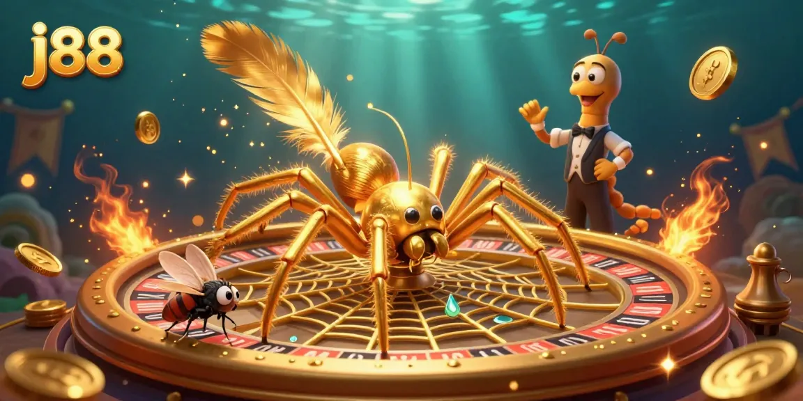 Engage with j88 in this vibrant 3D casino scene featuring a roulette wheel and eager players.