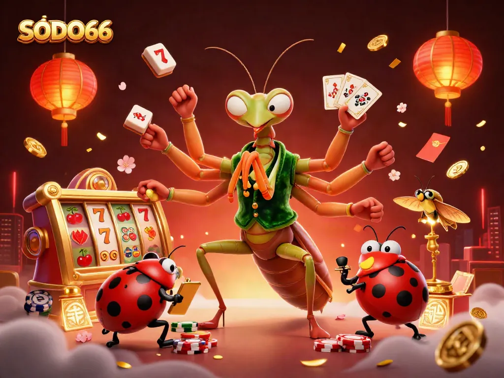 SODO66 showcases an energetic casino scene with a mantis dealer, vibrant slot reels, and festive decorations.