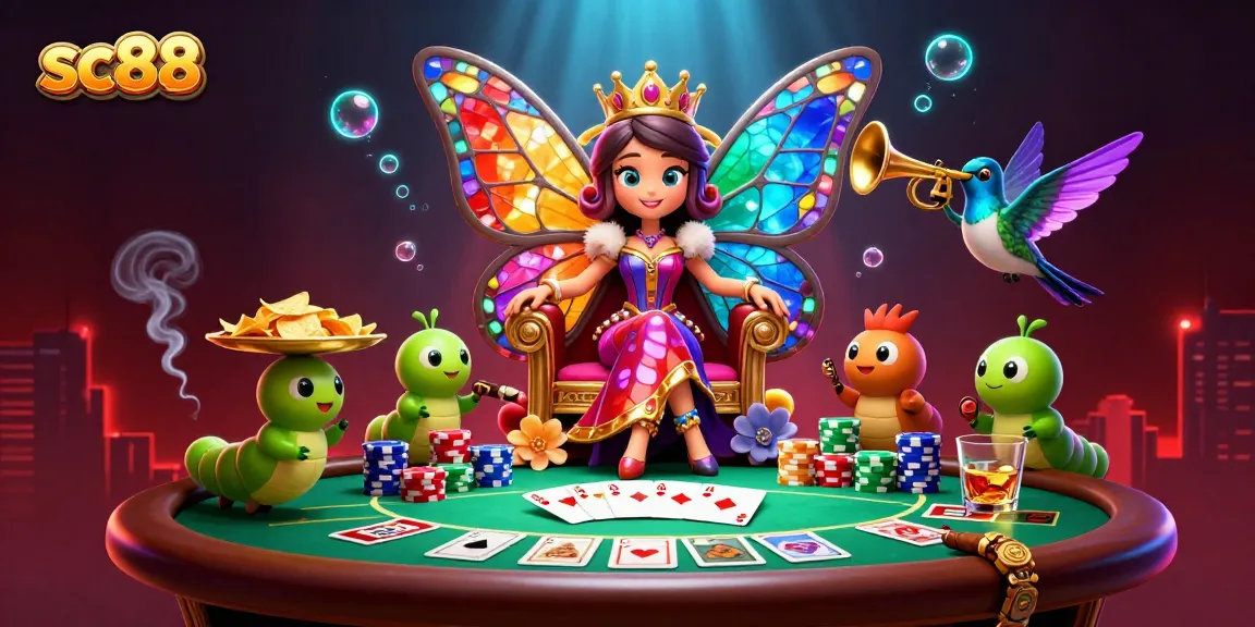 Engage with sc88 casino excitement as the butterfly queen welcomes players amidst vibrant poker action.