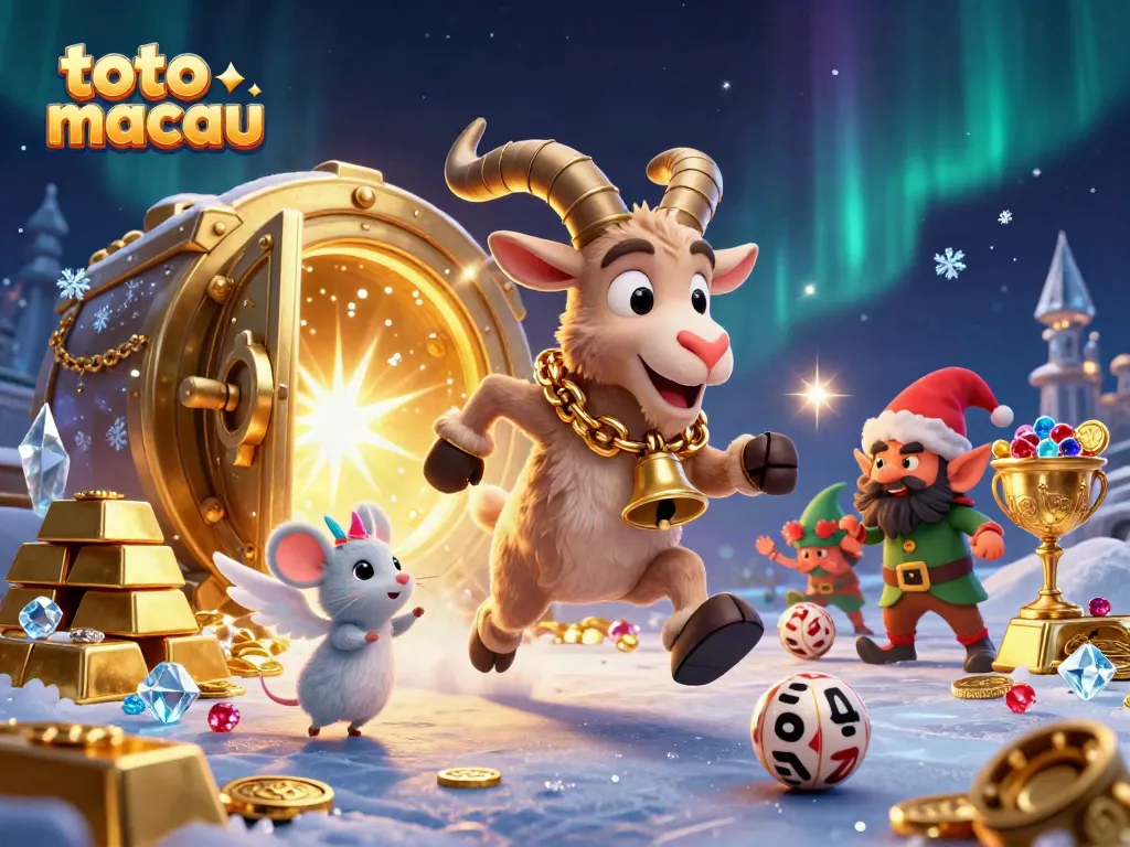 Ilustrasi Toto Macau menampilkan karakter Krampus dan karakter lainnya di kasino bertema lotere, dengan elemen menarik lainnya.