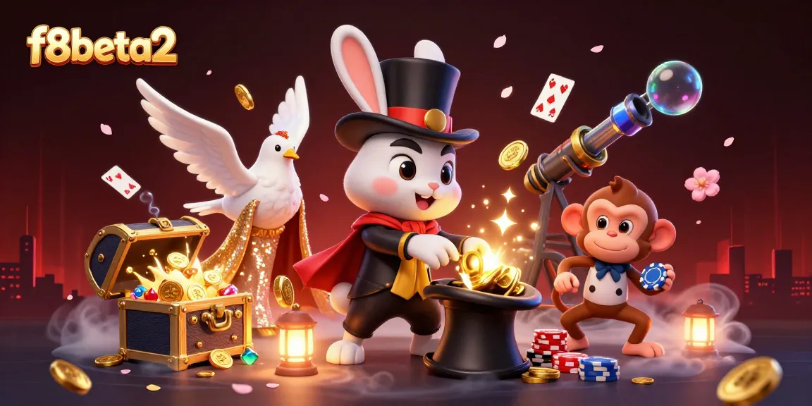Engage with f8beta2's thrilling casino scene featuring a magician rabbit, a dove, and a monkey with poker chips.