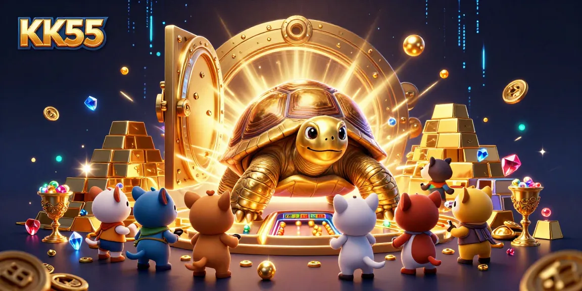 Engage with KK55’s colossal golden tortoise as it transforms into a thrilling pinball experience, surrounded by treasures.