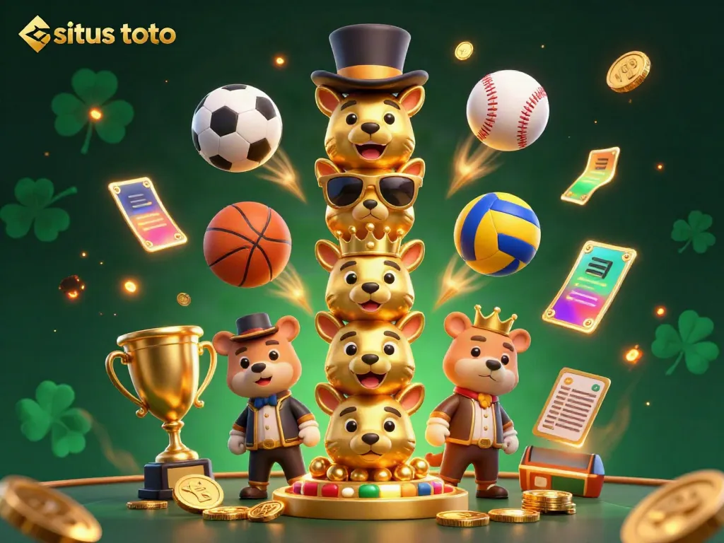 Win big with situs toto in an energetic casino scene featuring dynamic sports elements and vivid colors.