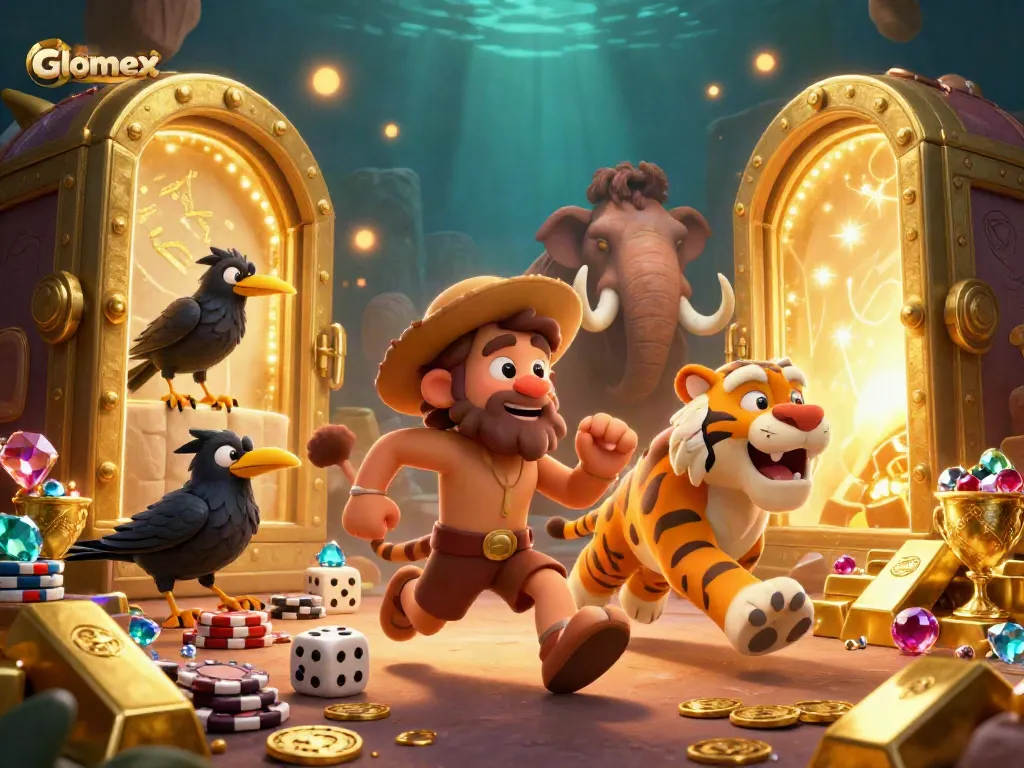 Engage in Glomex's thrilling prehistoric casino adventure with vibrant characters and dynamic gaming elements.