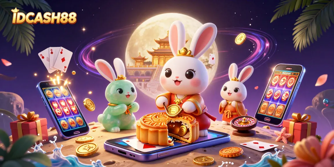 Engage with IDCASH88 as a 3D moon rabbit reveals poker chips amid vibrant slot game visuals.