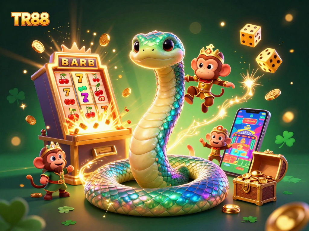 Spin the reels at TR88 with jackpot wins and colorful casino elements in a vibrant 3D scene.