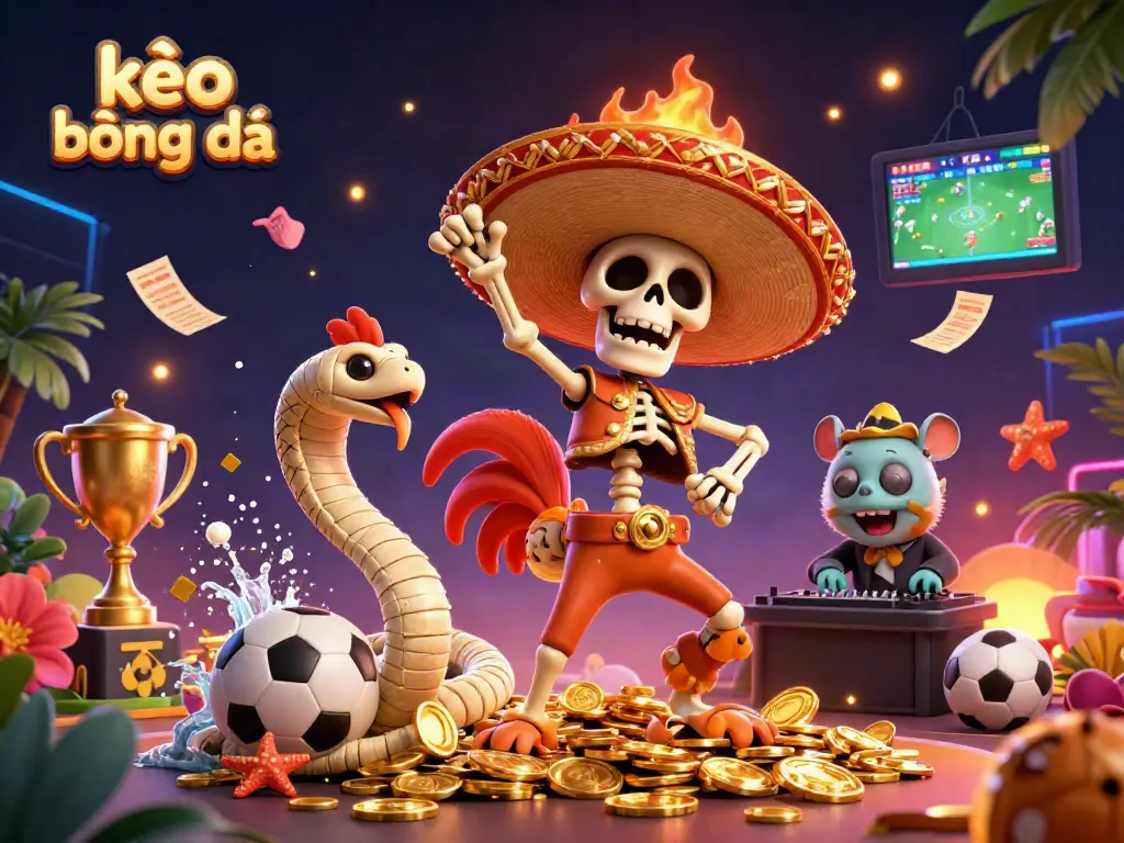 Engaging illustration of kèo bóng đá with animated characters celebrating a victory amidst dynamic gambling elements.