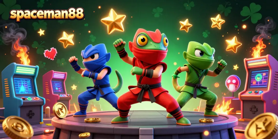 Engage with spaceman88 as three ninja chameleons celebrate big wins amid dynamic casino elements.