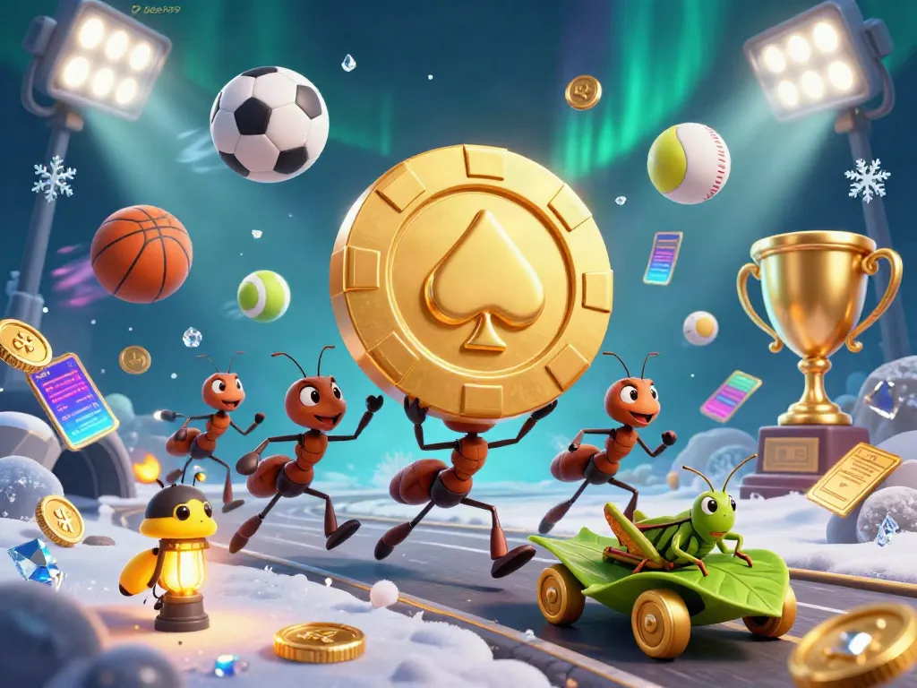 Engage in thrilling heist gameplay featuring bee999 with cartoon ants, sports elements, and a golden poker chip.