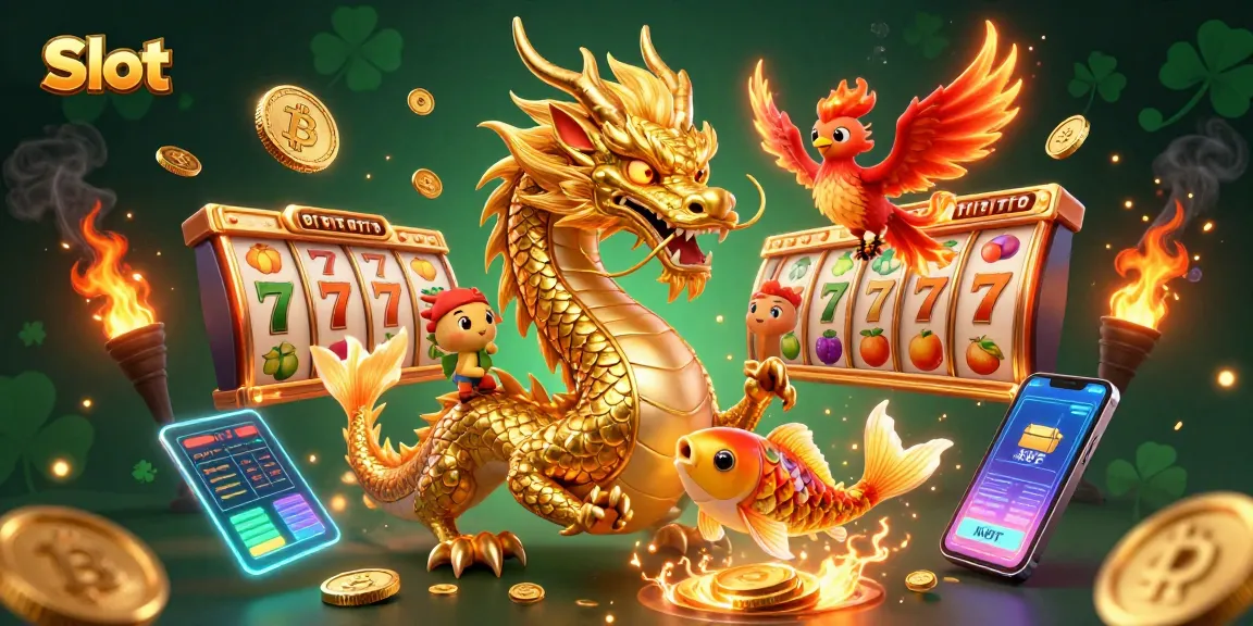 Spin slots with a golden dragon and phoenix amidst glimmering coins and vibrant fruits.