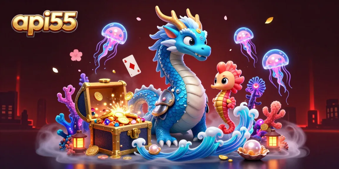 Experience the thrilling underwater adventures of api55 with a colorful dragon and vibrant jellyfish.