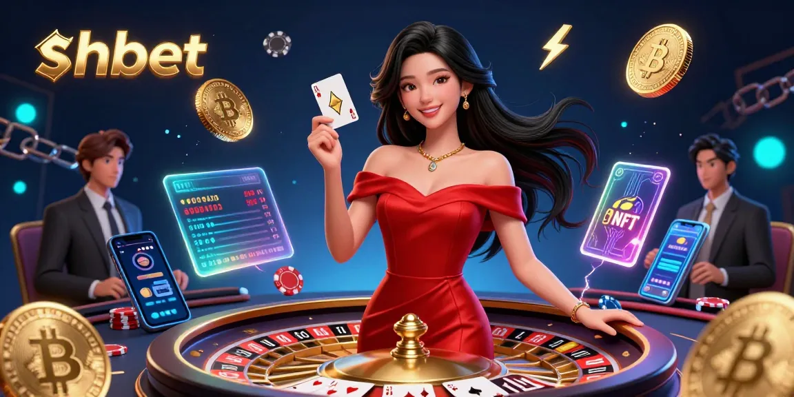 Experience shbet’s vibrant casino world with a beautiful dealer beside a roulette wheel and scattered playing cards.