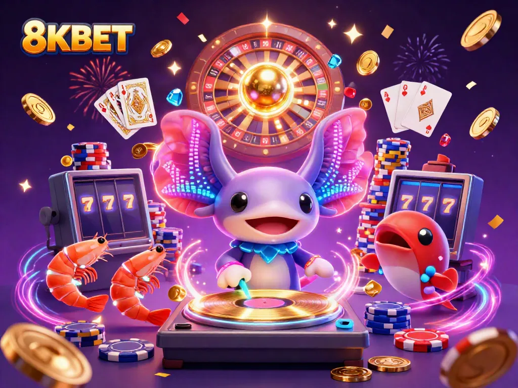 Join the fun with 8KBET as a colorful axolotl DJ spins records amid falling coins and festive energy.