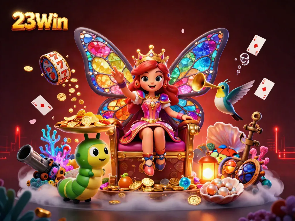 Experience 23Win's thrilling gaming with a vibrant casino scene of flying slot reels and sparkling treasures.