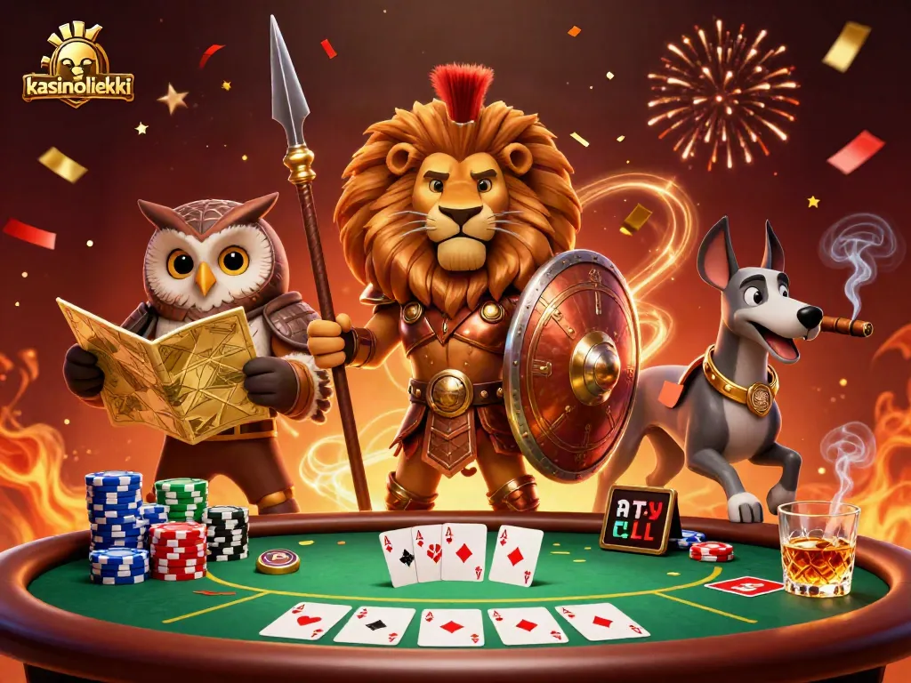 Kasinoliekki esittelee voitokkaita pokerisankareita 3D-illustratsioonissa, jossa on rikkaasti yksityiskohtia.