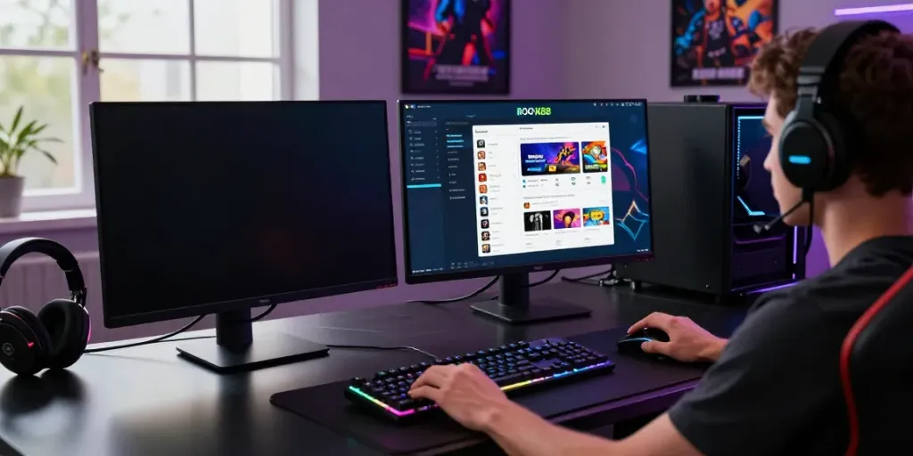 Engaged user exploring rokok88 slot login on a modern gaming setup, illuminated workspace with gaming gear.