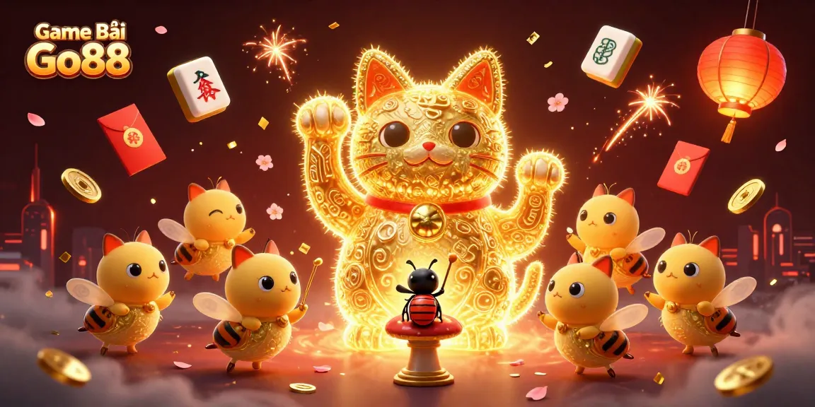 Experience Game Bài Go88 with a vibrant illustration of a lucky cat and casino symbols in motion.