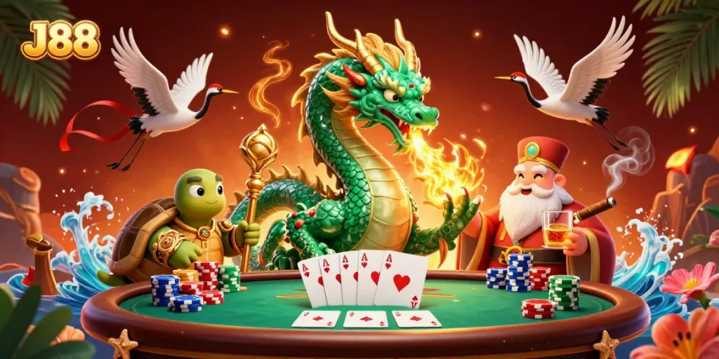 Experience the dynamism of J88 in this vivid poker scene featuring a jade dragon.