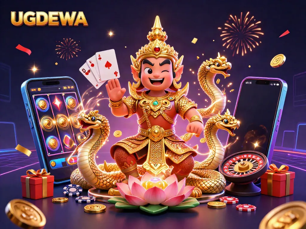 Experience the excitement of UGDEWA with vibrant casino-themed 3D art featuring colorful games and lucky symbols.