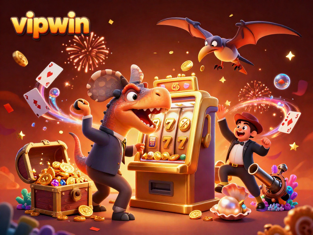Experience the excitement at vipwin with a dynamic scene of dinosaurs celebrating jackpots