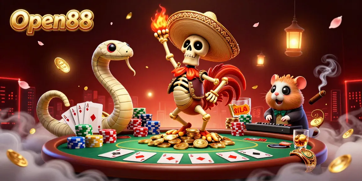 Experience the vibrant thrill of Open88 with a skeleton, mummy, and DJ celebrating around poker chips.