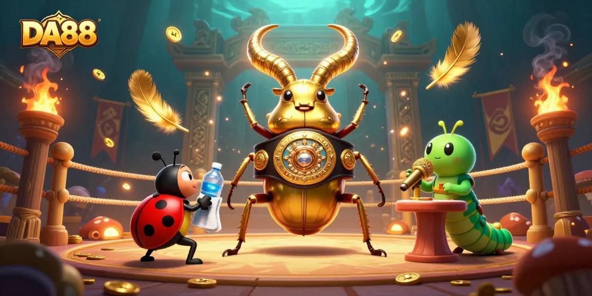 DA88 captivates players with a vibrant 3D illustration of a golden stag beetle in a boxing arena.