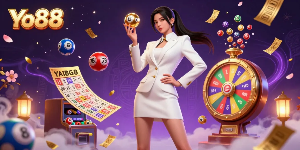 Engage in Yo88's thrilling gameplay, featuring vibrant lottery balls and a striking casino scene.