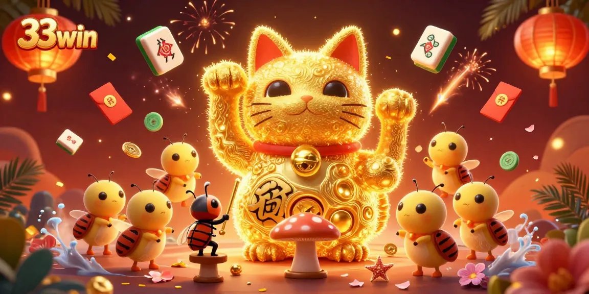 Experience the thrill of 33win with a vibrant 3D illustration showcasing a lucky cat in a casino setting.