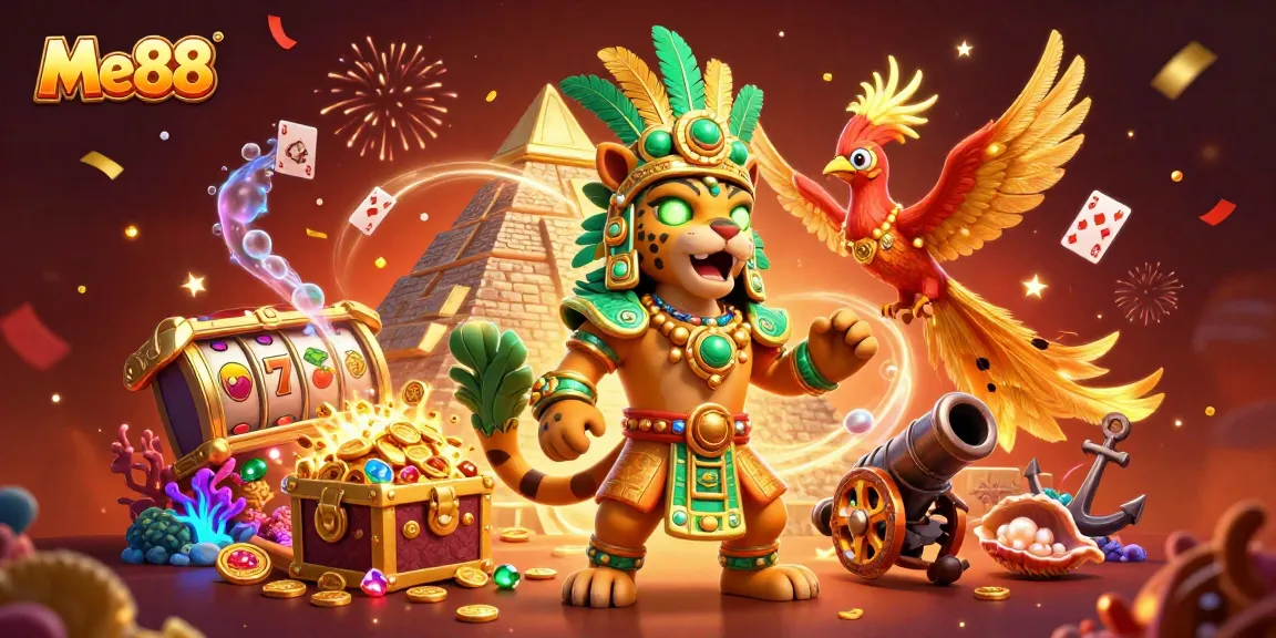 Spin and win with Me88 at a vibrant 3D casino showcasing dynamic elements, gold, and excitement.